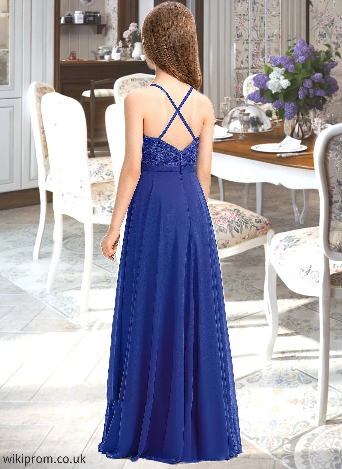 Aubrey A-Line Square Neckline Floor-Length Chiffon Lace Junior Bridesmaid Dress SWKP0013457