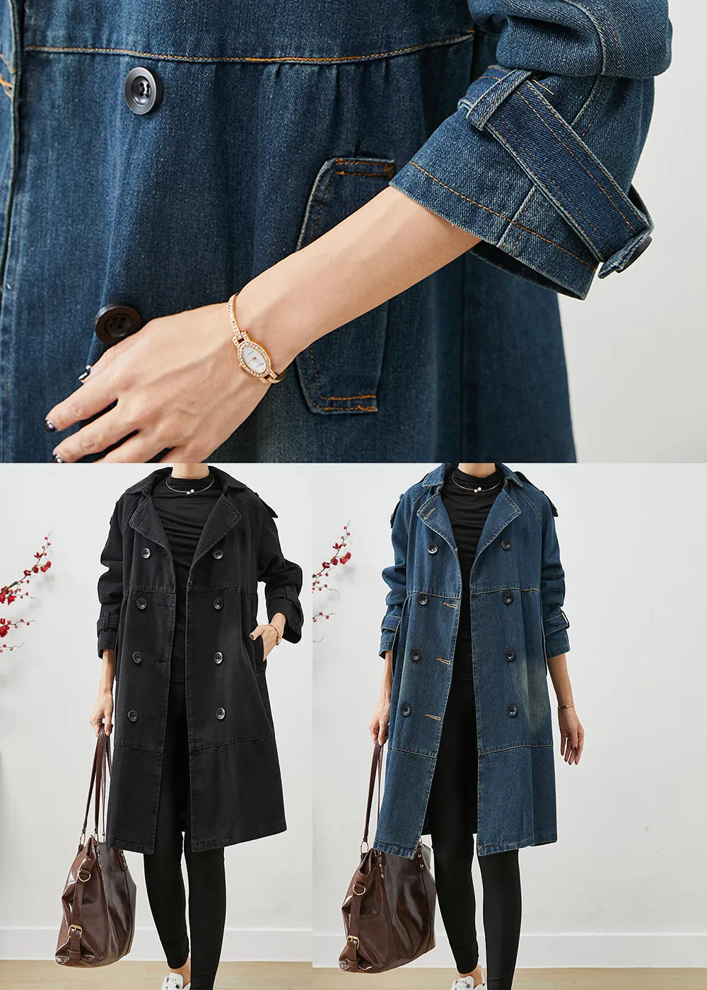 Black Loose Denim Coat Outwear Peter Pan Collar Double Breast Fall LY9868