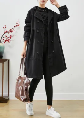 Black Loose Denim Coat Outwear Peter Pan Collar Double Breast Fall LY9868