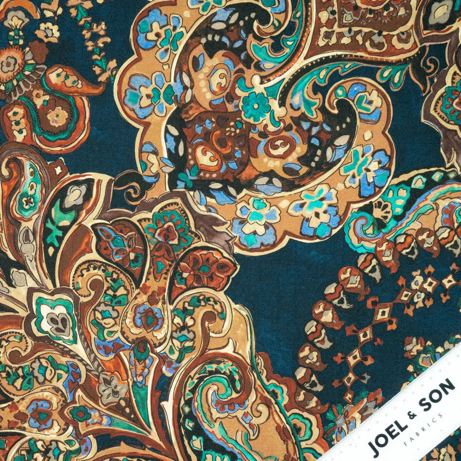 Brown & Dark Blue Paisley Printed Pure Merino Wool