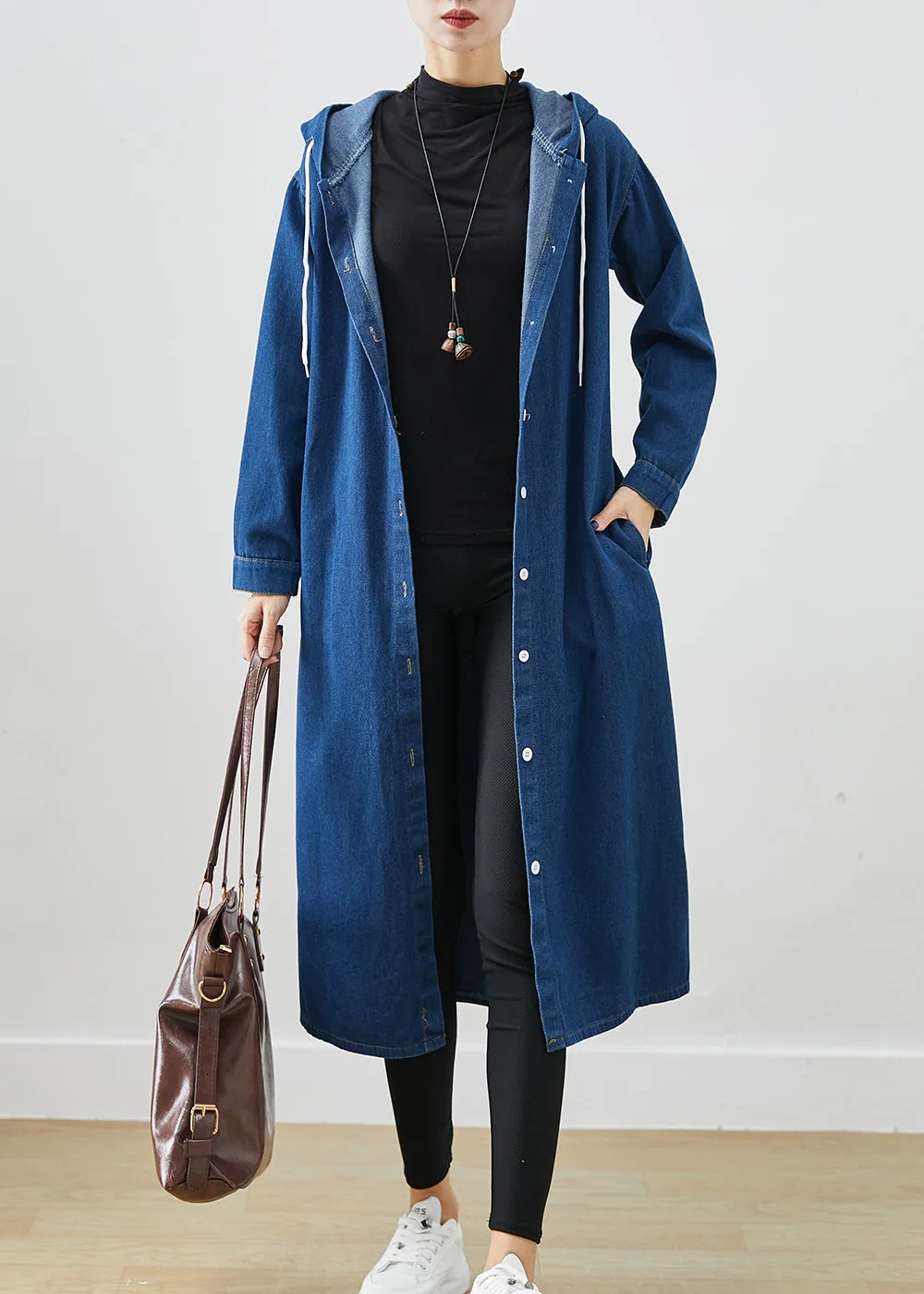 Classy Navy Hooded Drawstring Denim Coat Outwear Fall ML2523