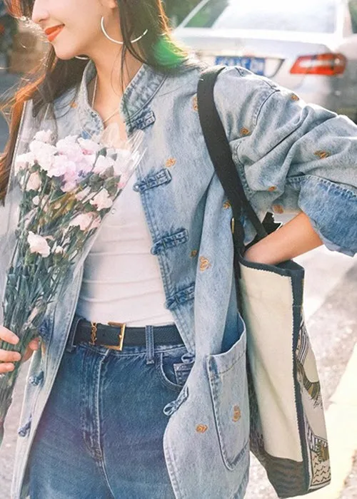 French Make Old Blue Button Pockets Denim Coats Long Sleeve QA1042
