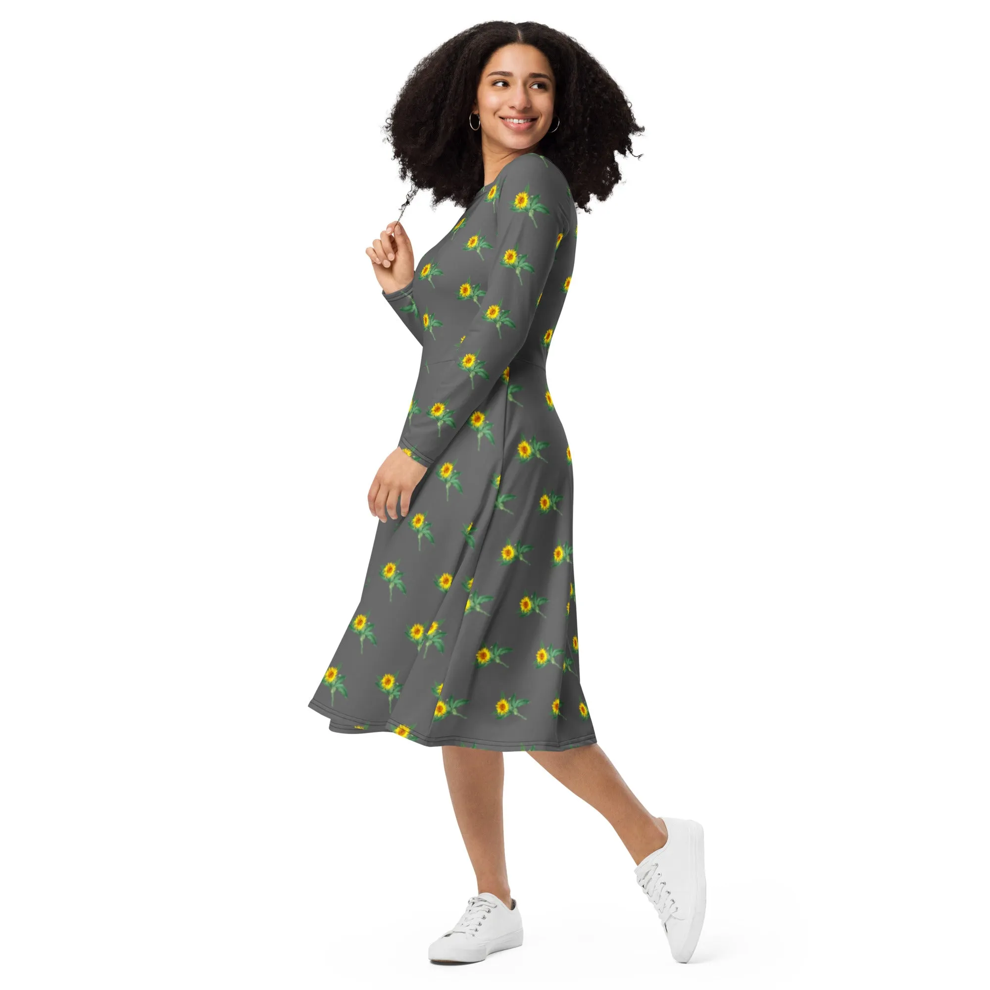 Grey Floral Print Women's Dress, Long Sleeve Midi Dress For Women - Made in EU (US Size: 2XS-6XL)