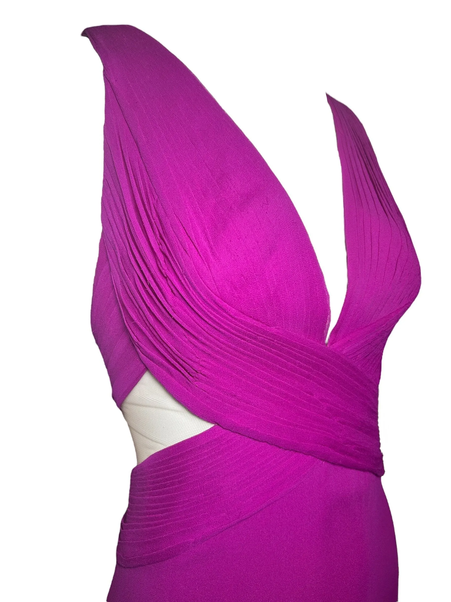 Lorena Sarbu Magenta Mesh Cut Silk Red Carpet Gown