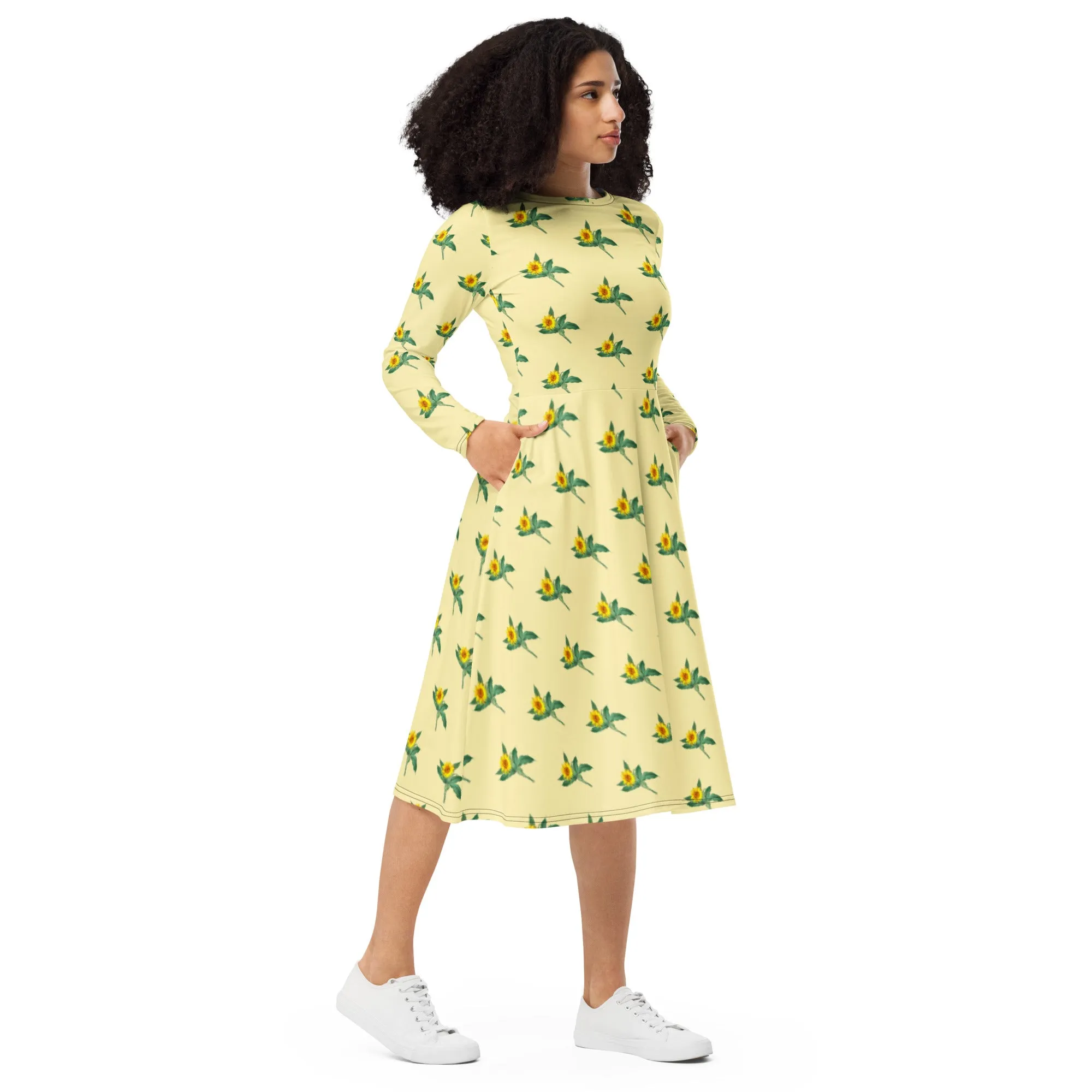 Yellow Sunflower Floral Dress, Long Sleeve Midi Dress For Women - Made in EU (US Size: 2XS-6XL)